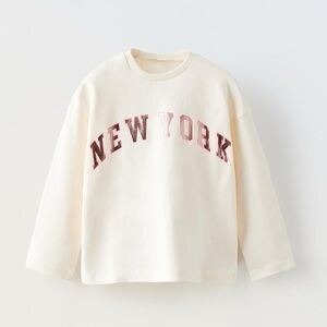 Zara Cream Long Sleeve Shirt with Pink “New York” Foil Print